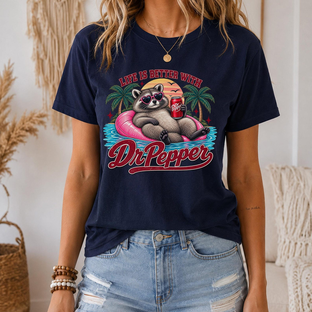 Retro Raccoon Dr Pepper Sunset Graphic Tee Navy